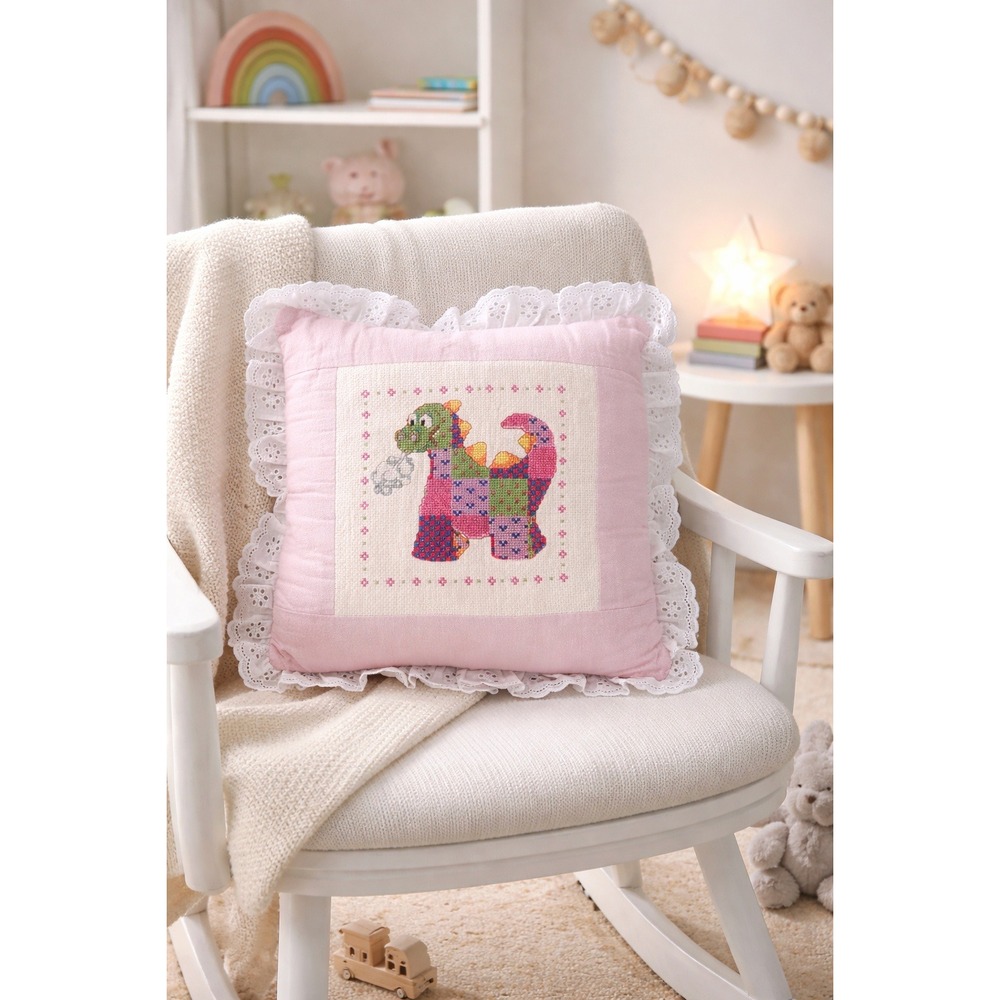 Vtg Handmade Puff the Magic Dragon Cross-stitch‎ Pillow Pink White Lace 13x13"